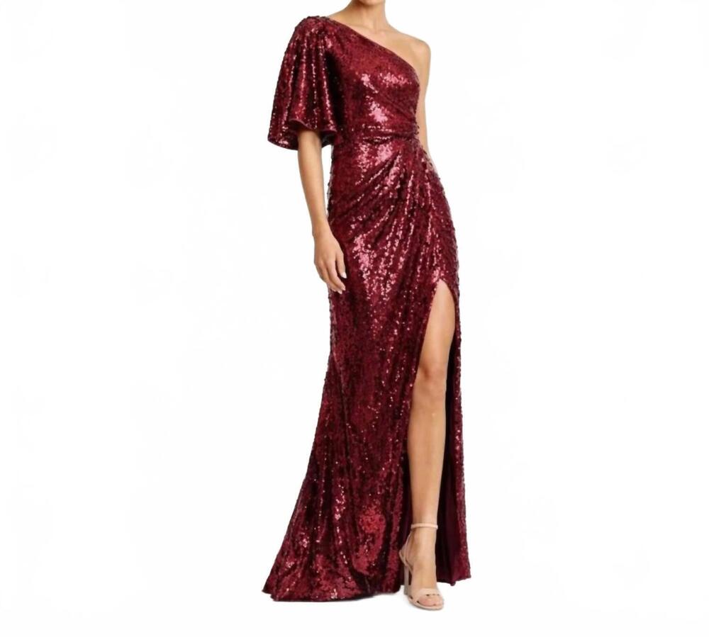 NEW MAC DUGGAL sequin one shoulder gown in burgundy